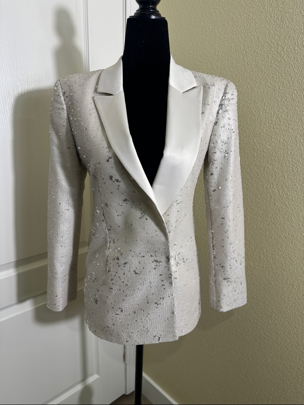 ASOS DESIGN Sparkling Cream & Silver Sequin Covered Satin-Lapel Blazer. Size 00